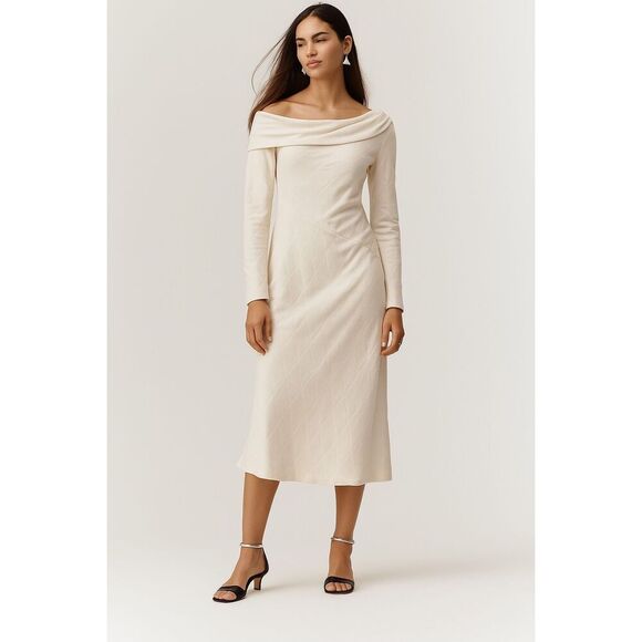 NIA Dresses & Skirts - NIA Claire Asymmetrical off-shoulder neckline Slip Midi Dress size S NWT$118